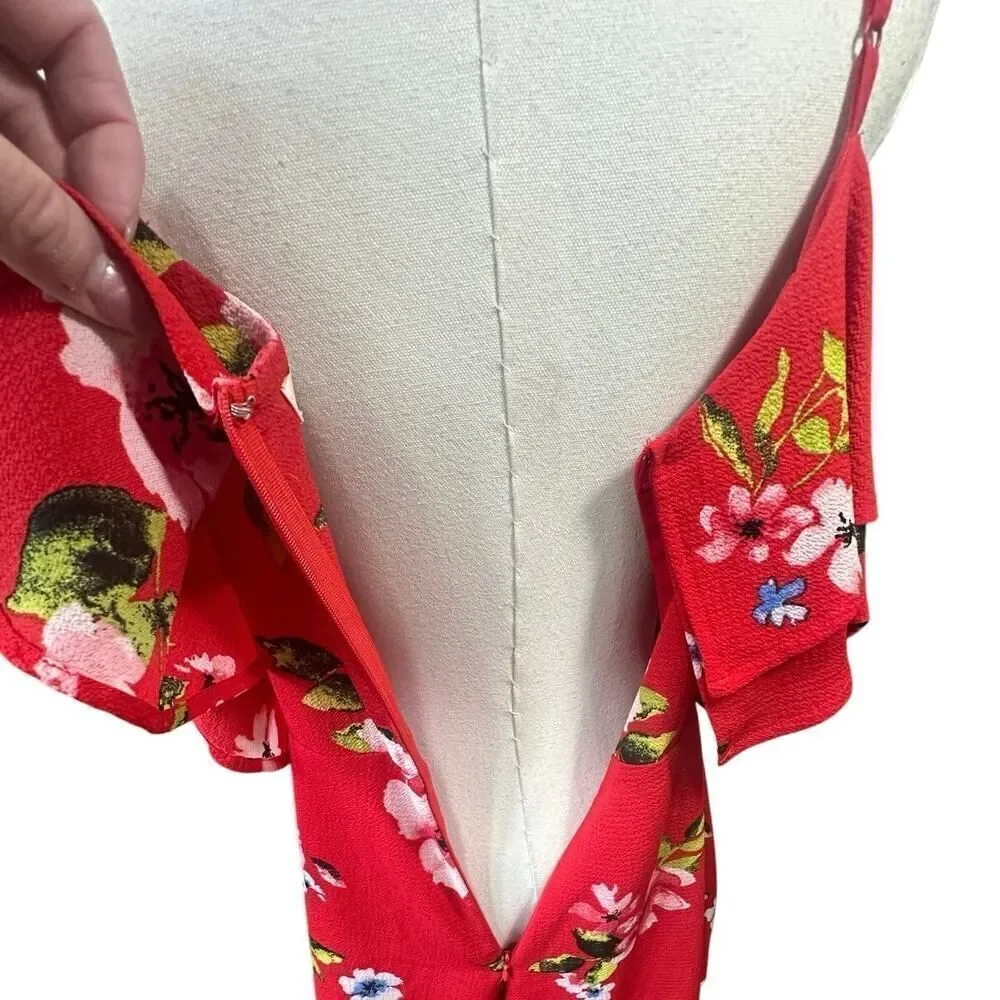 BOHO Summer Beach Tropical Red Floral Cold Shoulder Shorts Jumpsuit Size Medium